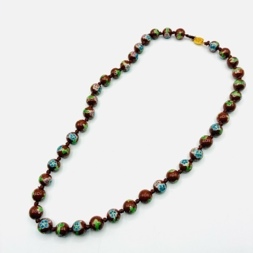 Vintage Chinese Cloisonné Beaded Necklace Hand Knotted Floral Red